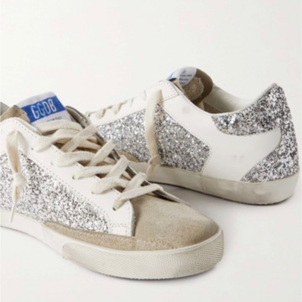 Silver superstar Distressed glitter leather brand new